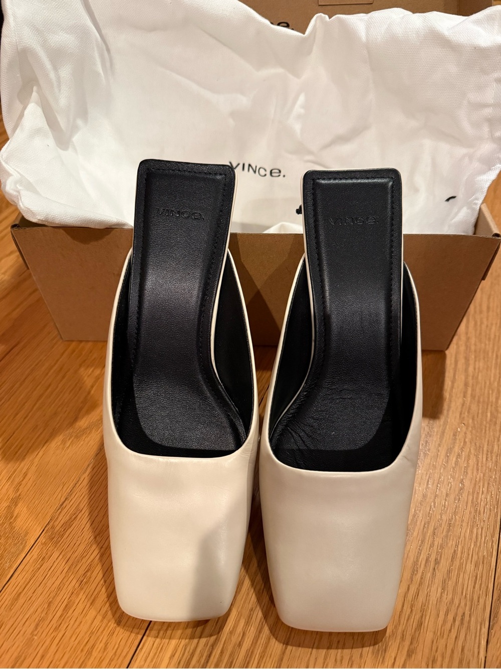 Vince Electra Square-Toe Leather Mules in Flax  - NEW WITH BOX